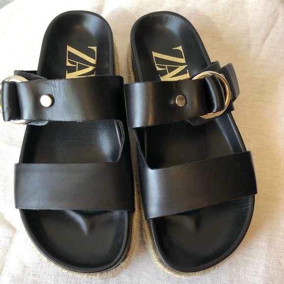 Zara Shoes - Zara Flat Leather Platform Espadrille Sandal